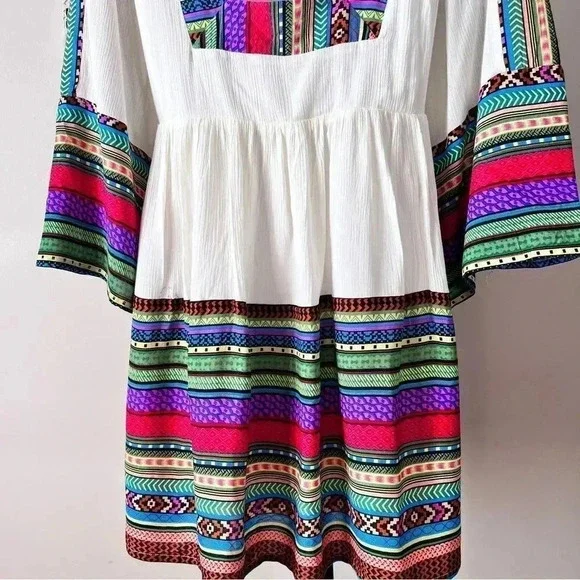 Esley Boho Festival Bell Sleeve Printed White Mini Dress Size L - Picture 4 of 13